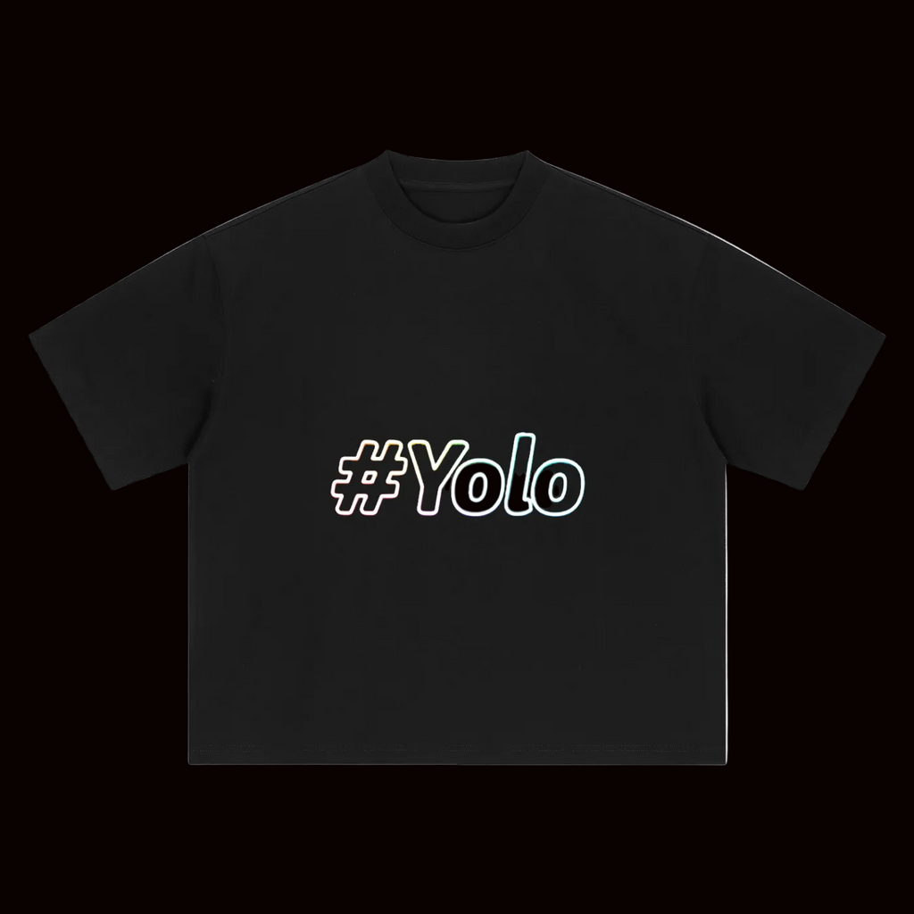 Black t-shirt with '#Yolo' text on a white background