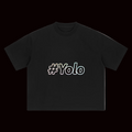 Black t-shirt with '#Yolo' text on a white background