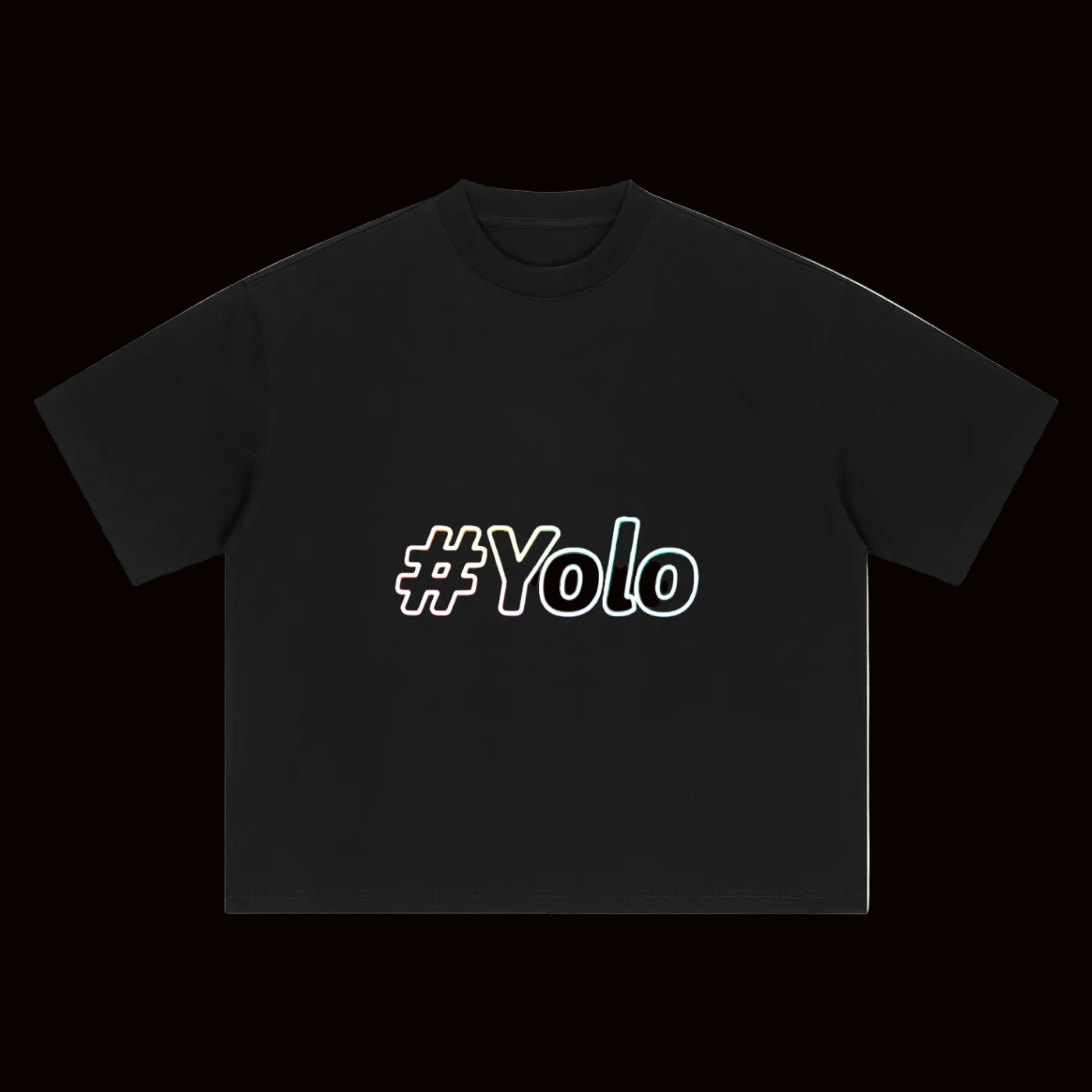 Black t-shirt with '#Yolo' text on a white background
