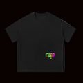 Black t-shirt with colorful graphic on the chest against a white background