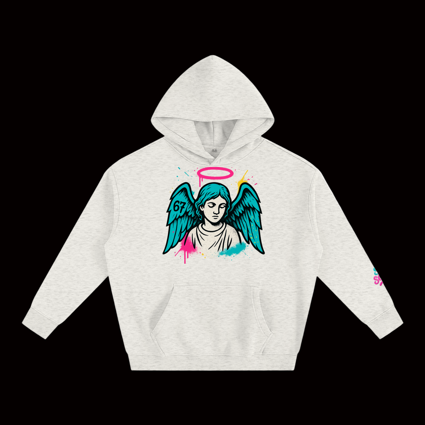Gray hoodie with angel graphic on a white background