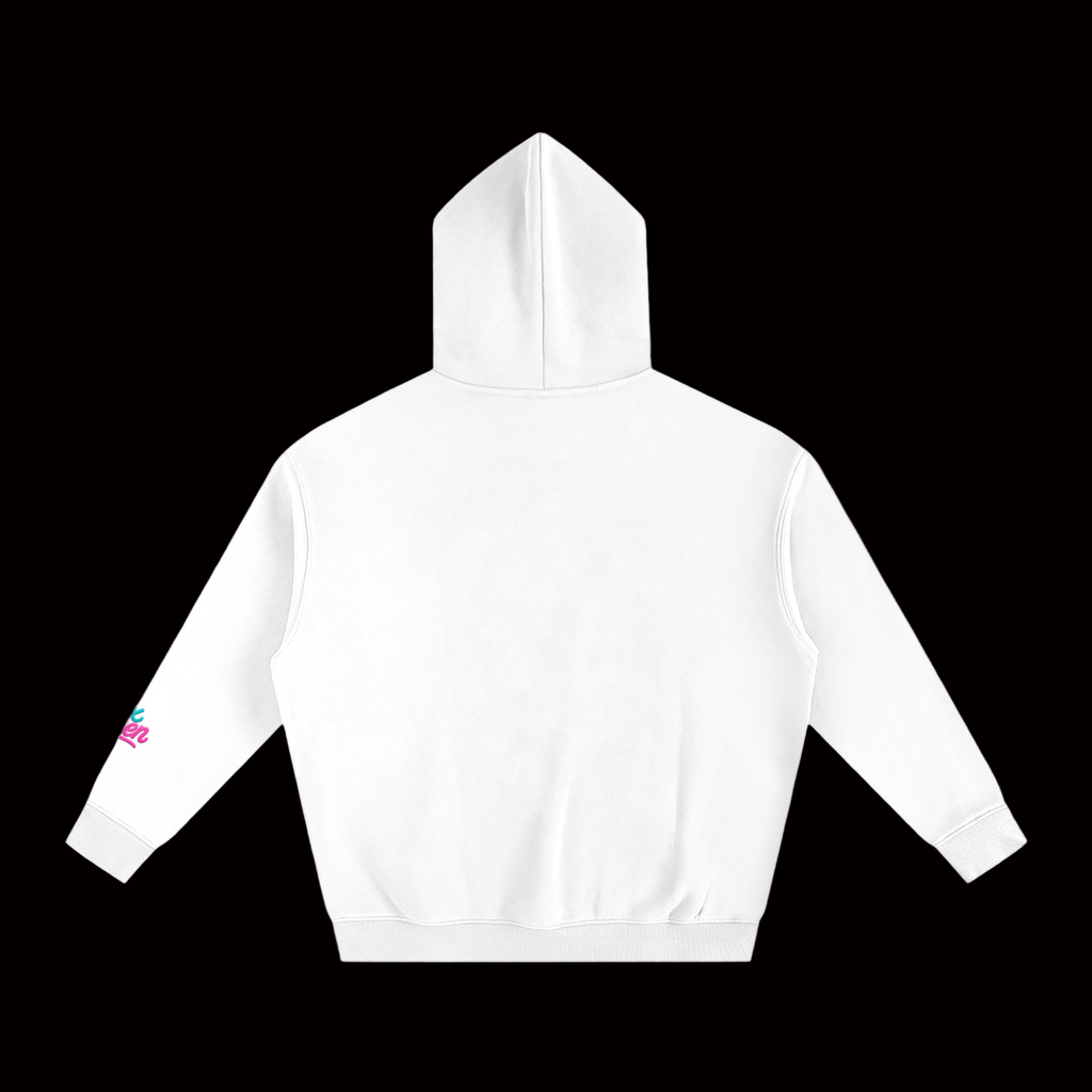 White hoodie with a small colorful logo on a white background