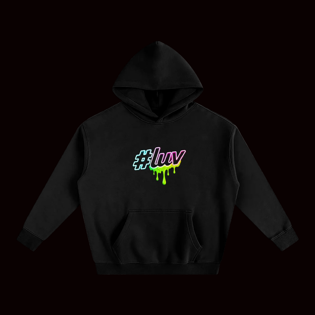 Black hoodie with '#luv' graphic on a white background