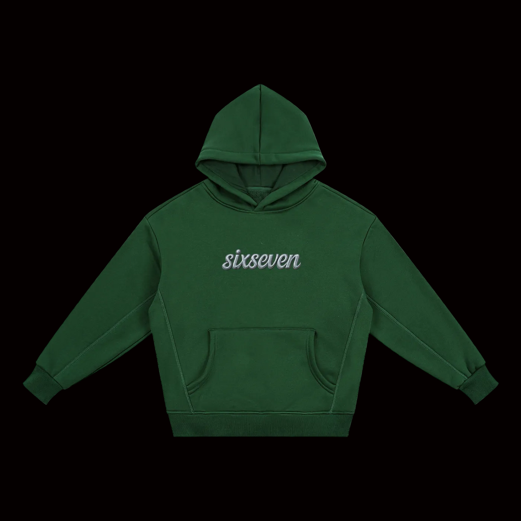 Green hoodie with 'sixseven' logo 