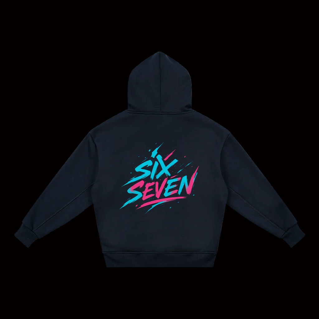 Black hoodie with 'Six Seven' design 