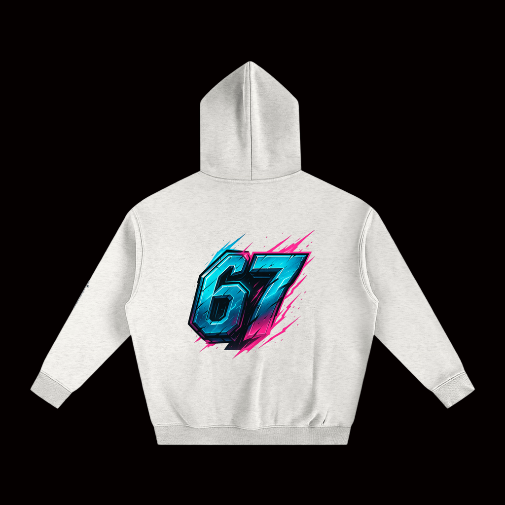 White hoodie with a colorful '67' design on the back against a white background