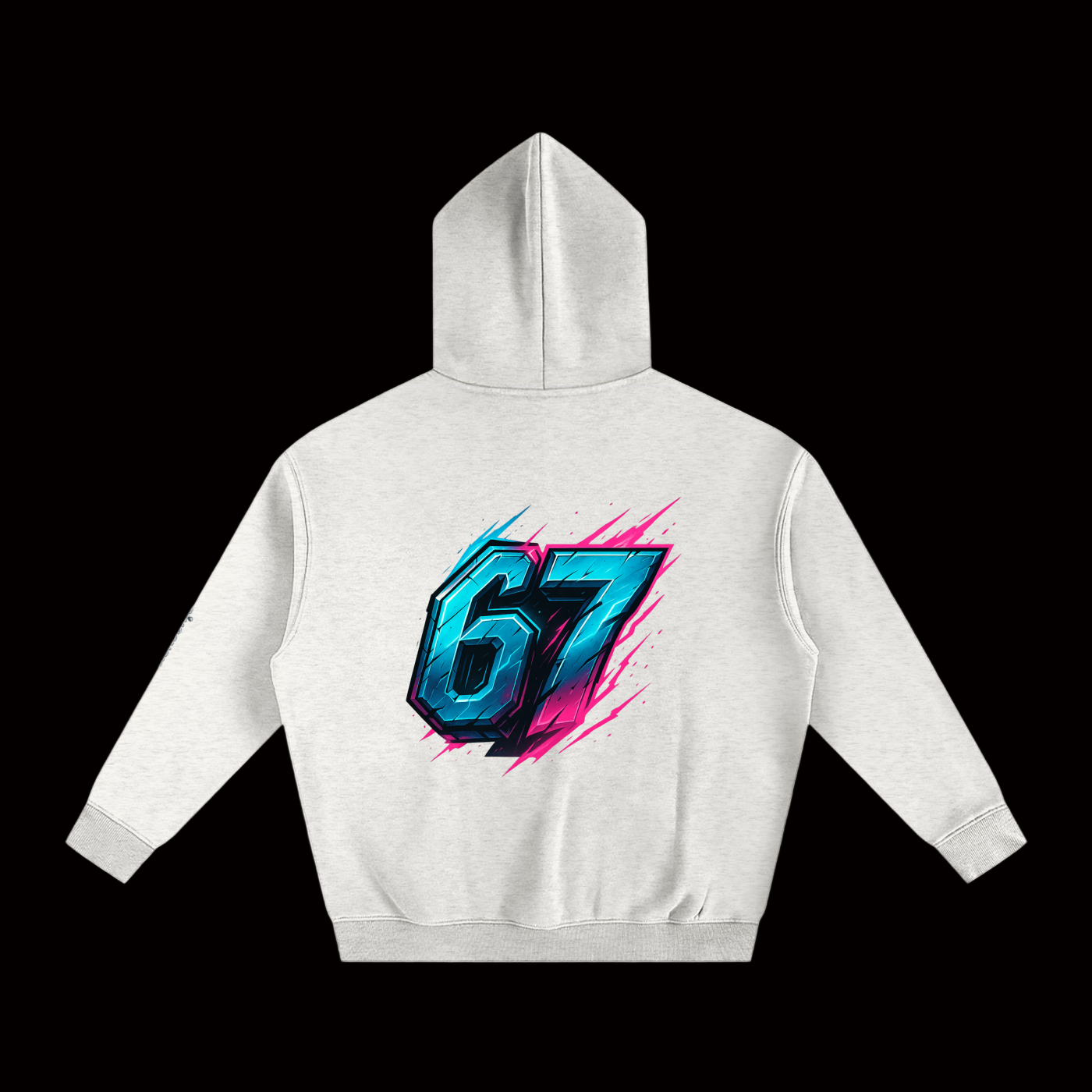 White hoodie with a colorful '67' design on the back against a white background