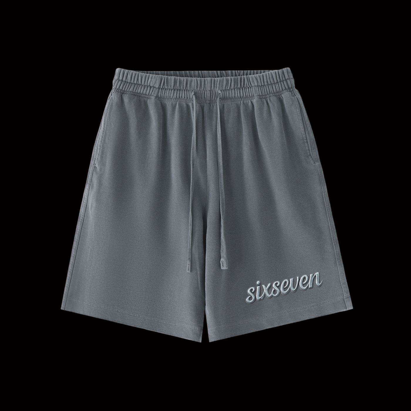 Gray shorts with 'sixseven' branding on a white background