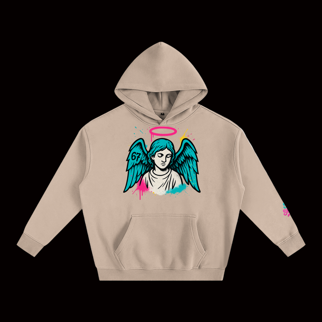 Beige hoodie with angel graphic on a white background