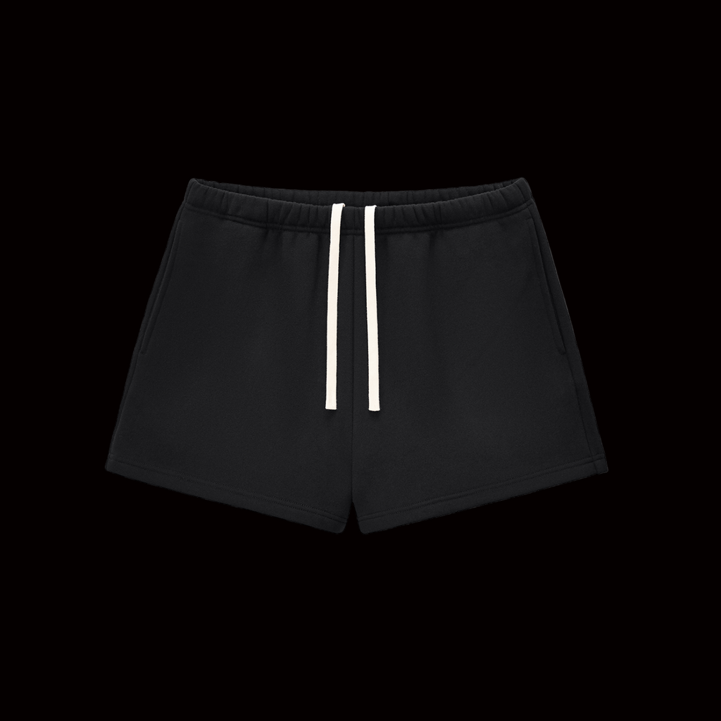 Black shorts with white drawstrings on a white background