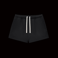 Black shorts with white drawstrings on a white background
