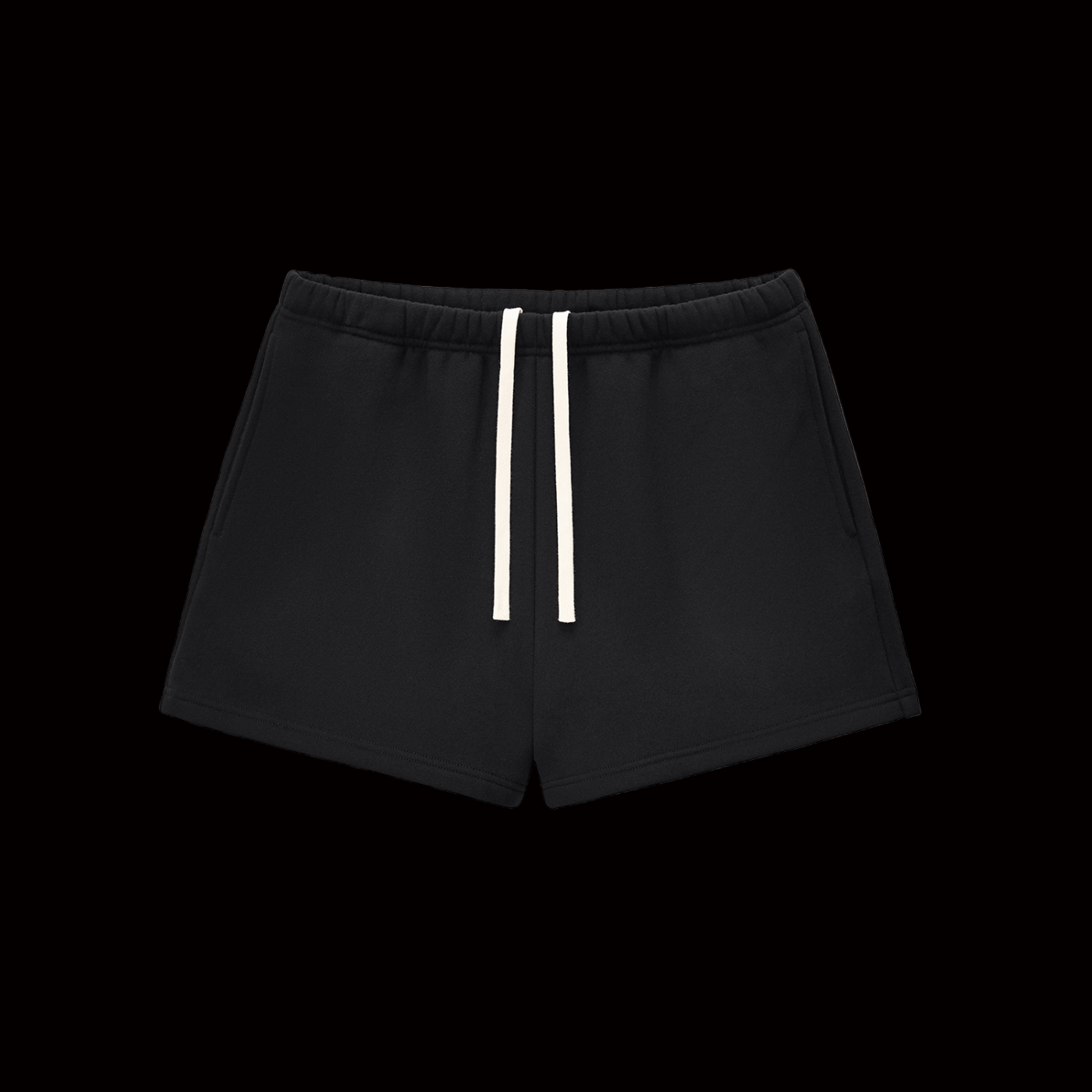 Black shorts with white drawstrings on a white background