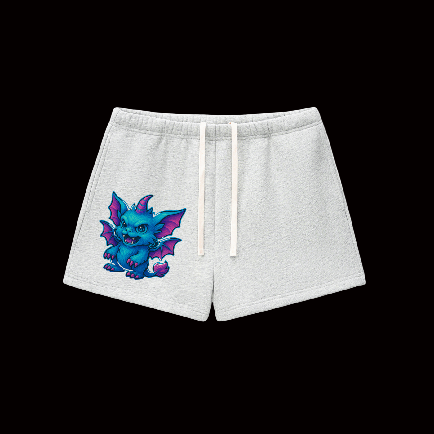 Gray shorts with a blue dragon graphic on a white background