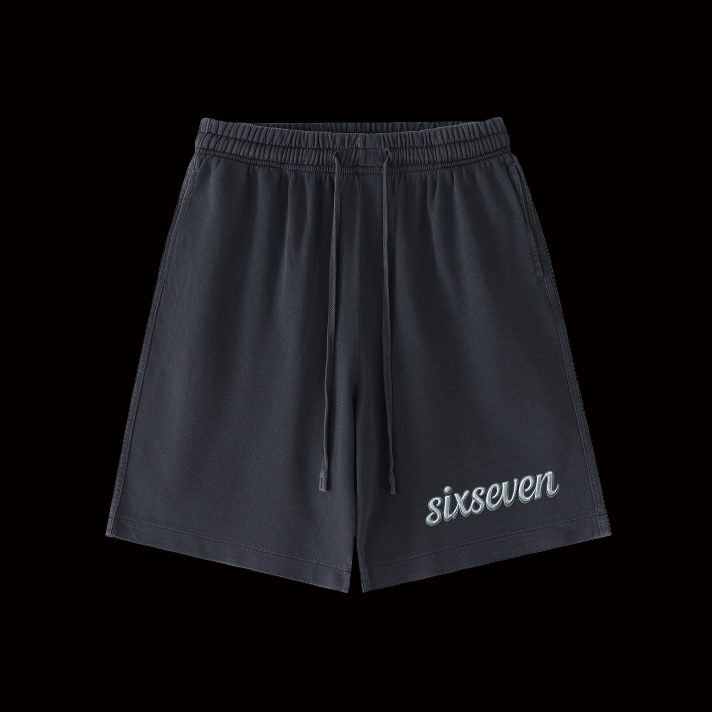 Black shorts with 'sixseven' branding 