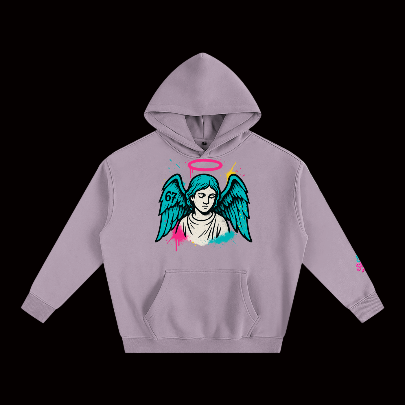 Purple hoodie with angel graphic on a white background