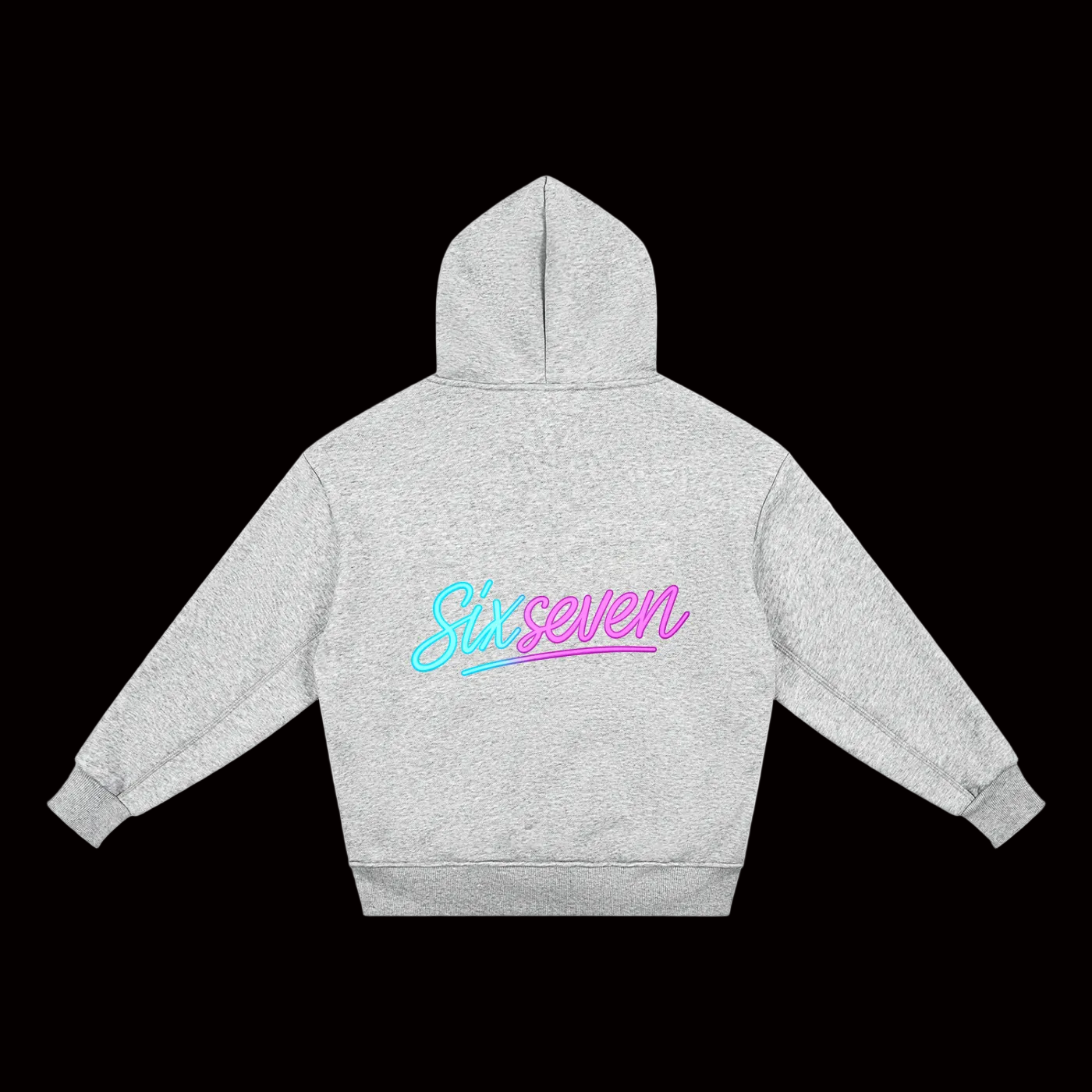 Gray hoodie with 'Six seven' text 