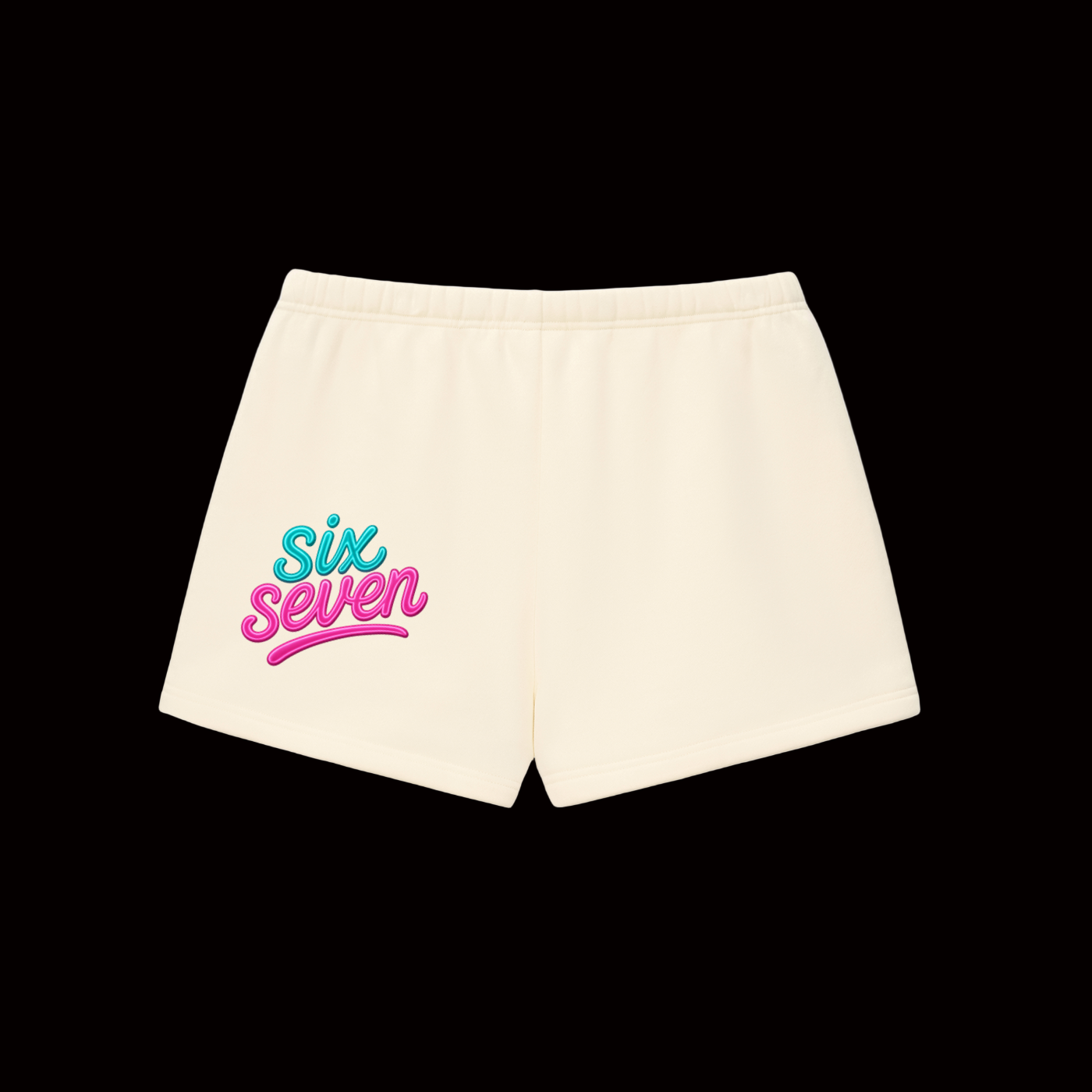 Beige shorts with 'Six Seven' text in colorful letters on a white background
