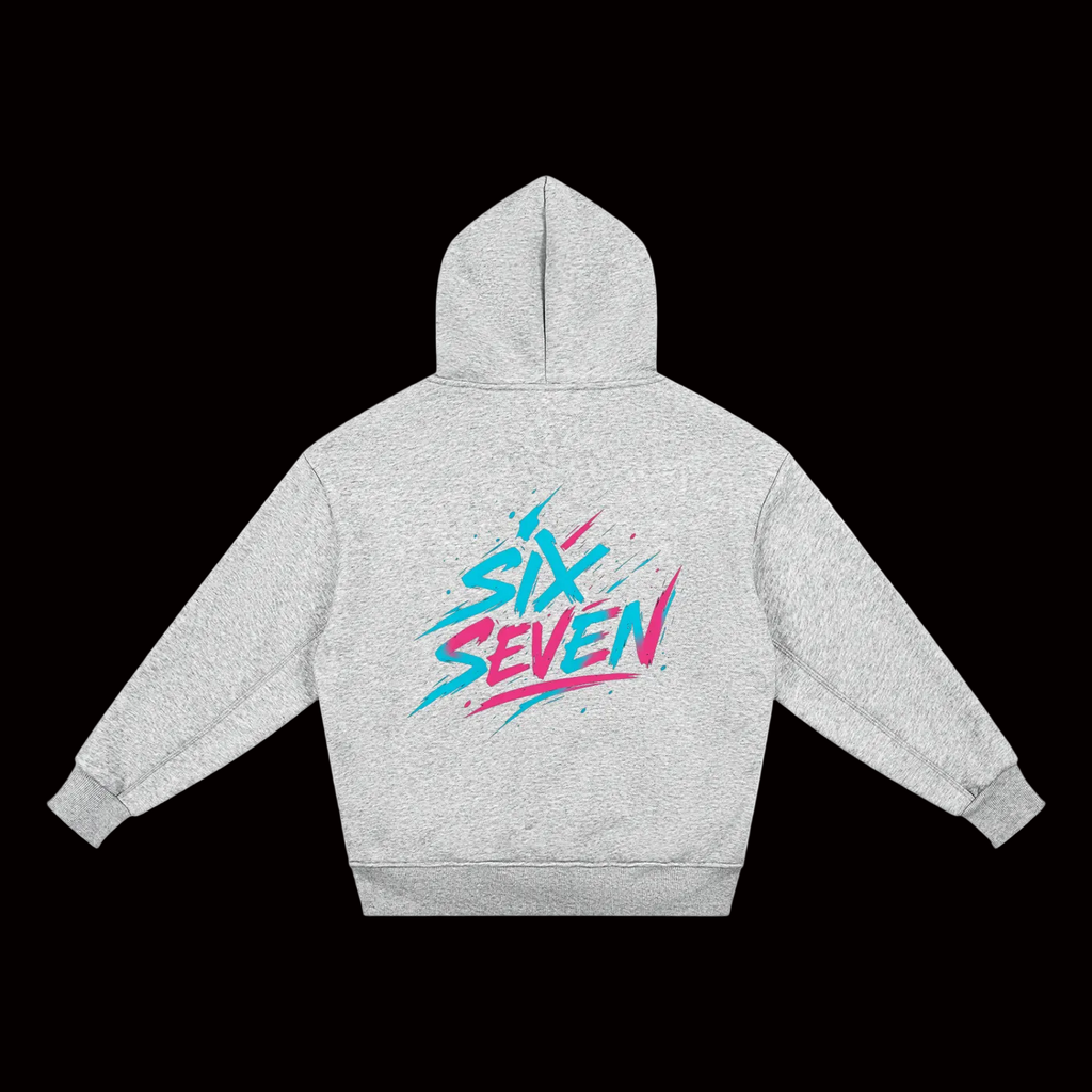 Gray hoodie with 'Six Seven' design on the back against a white background