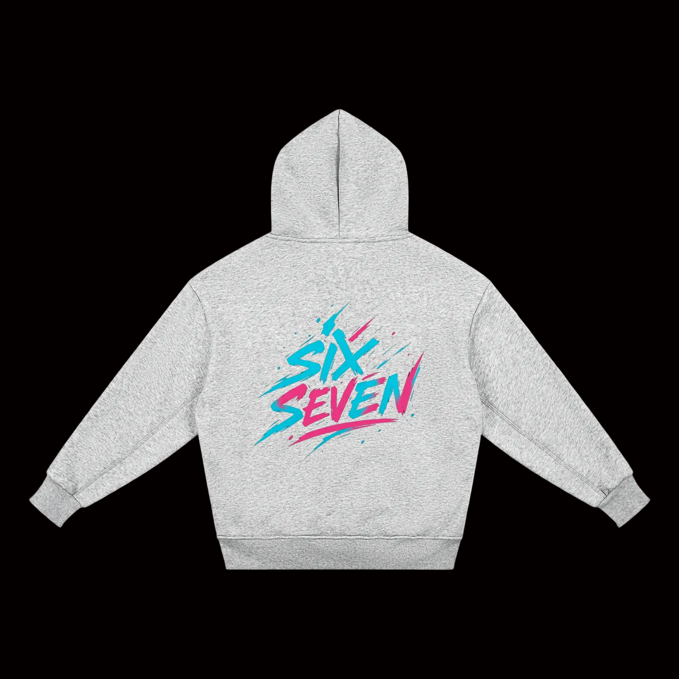 Gray hoodie with 'Six Seven' design on the back against a white background