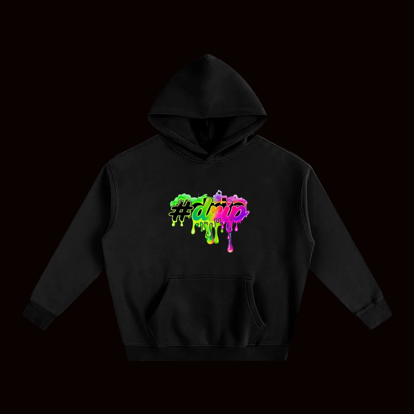 Black hoodie with colorful ' drip ' graphic on a white background