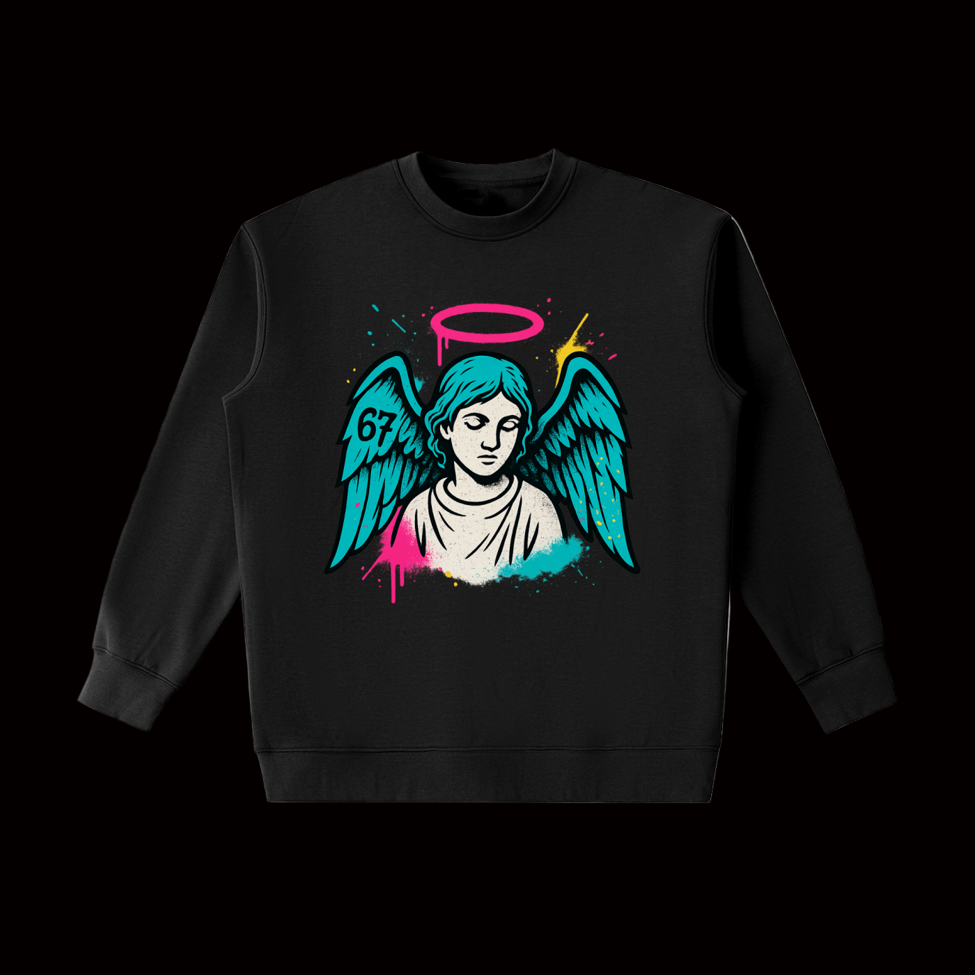 Black sweatshirt with angel graphic design on a white background