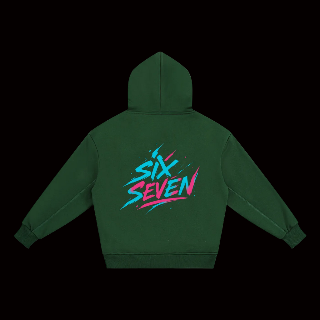 Green hoodie with 'Six Seven' design on the back 