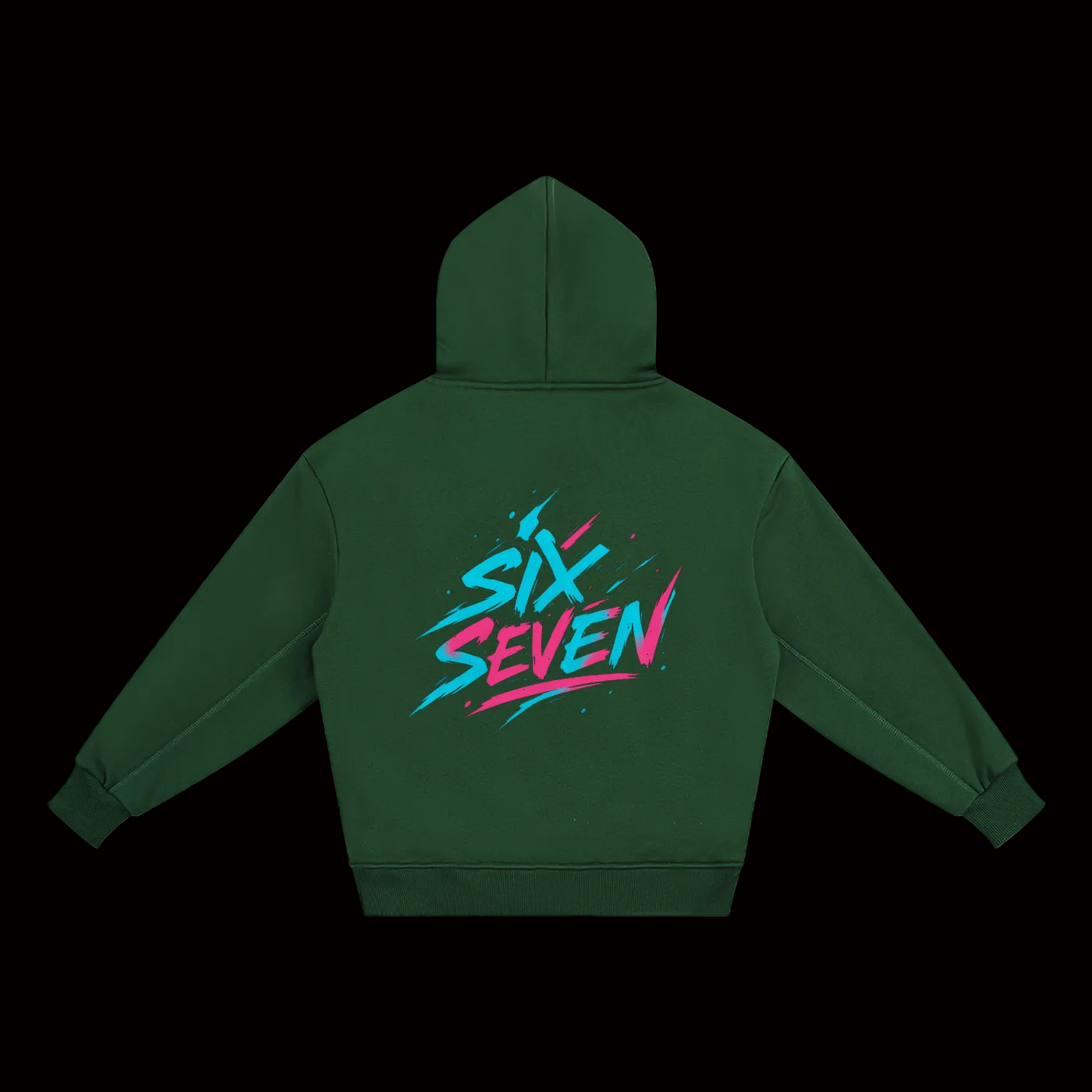 Green hoodie with 'Six Seven' design on the back 