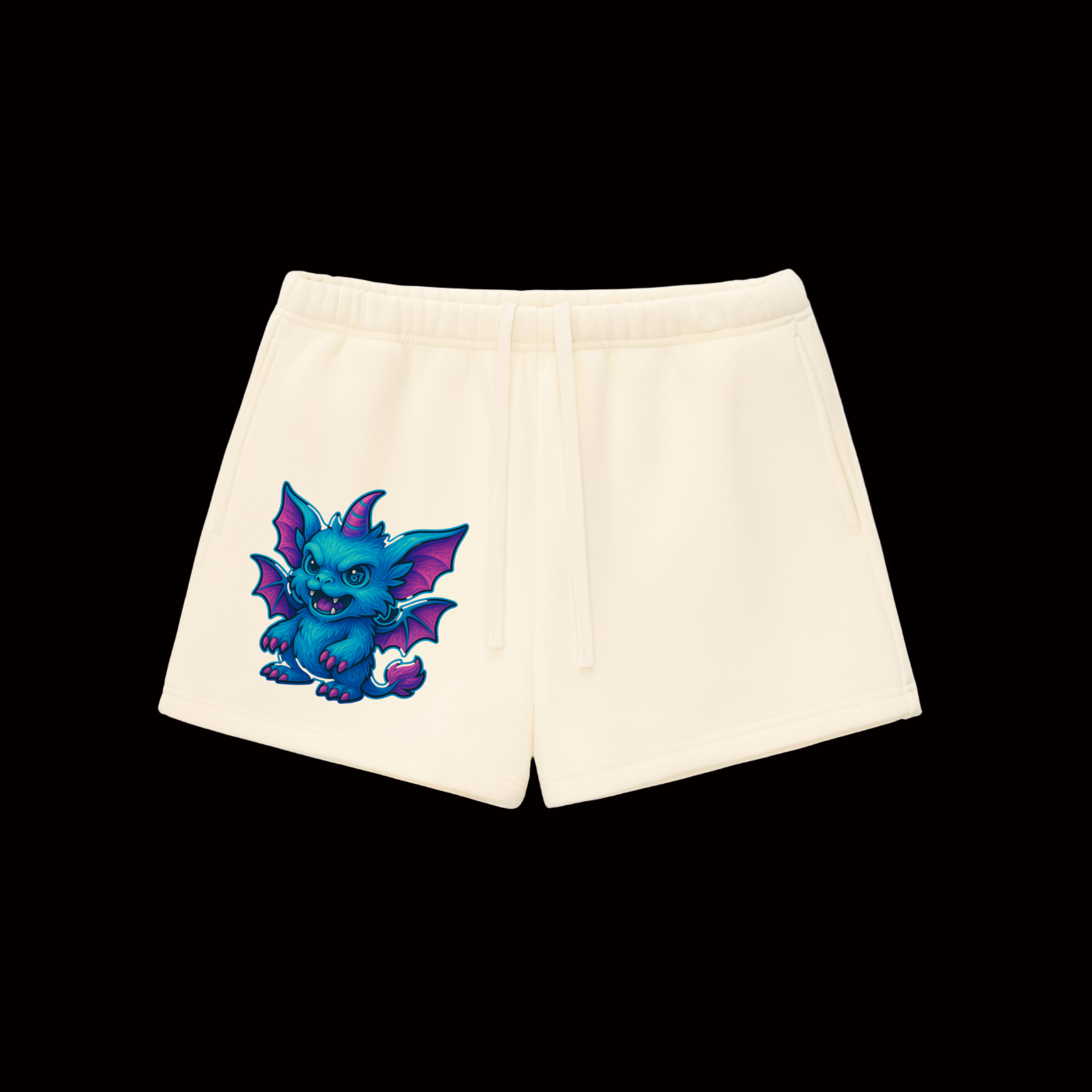 Beige shorts with a blue dragon graphic on a white background
