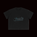 Black t-shirt with '#bussin' text on a white background
