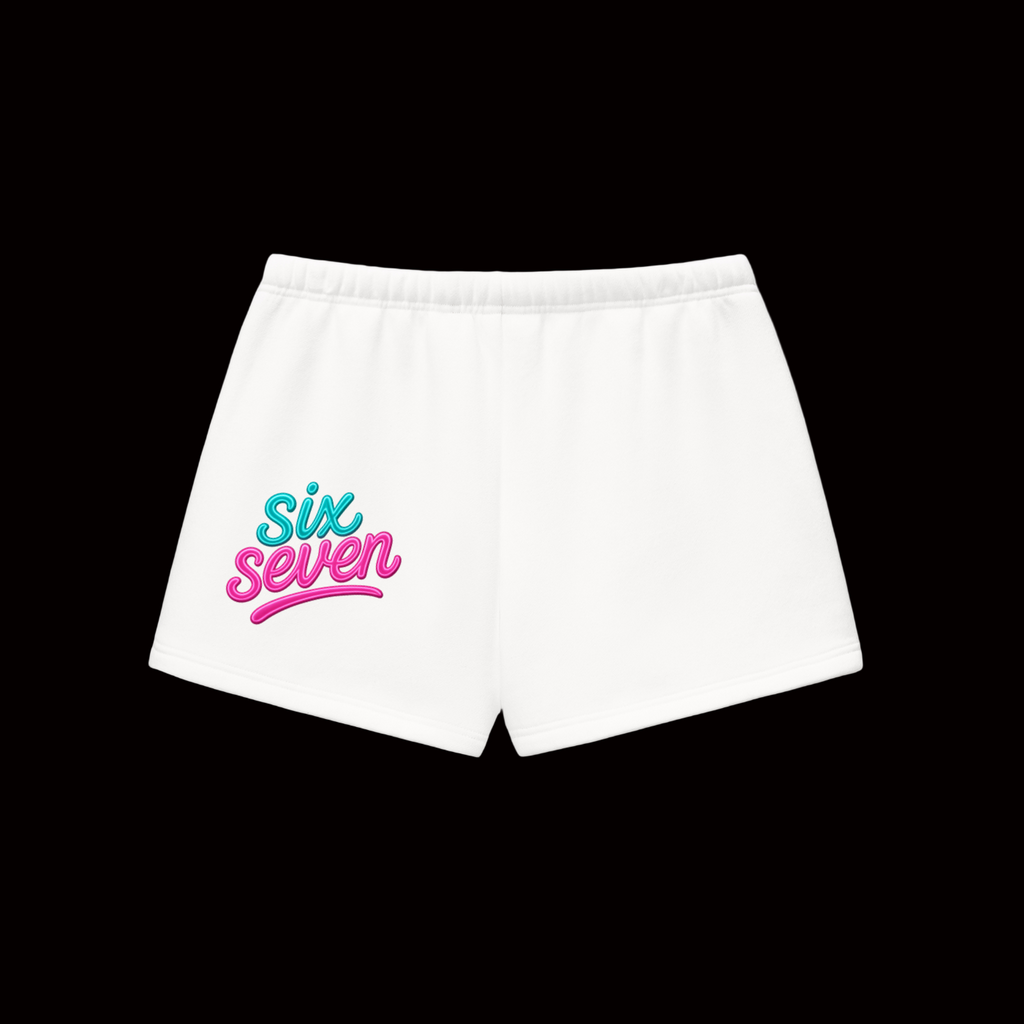 White shorts with 'Six Seven' logo on a white background