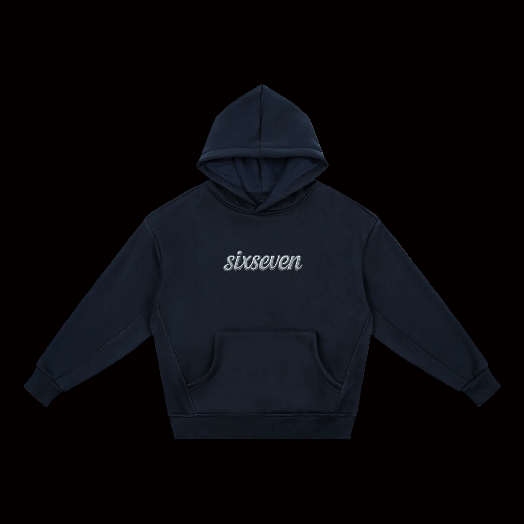 Navy hoodie with 'sixseven' logo 