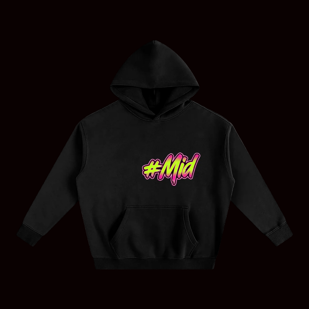 Black hoodie with '#Mid' text in pink and yellow on a white background