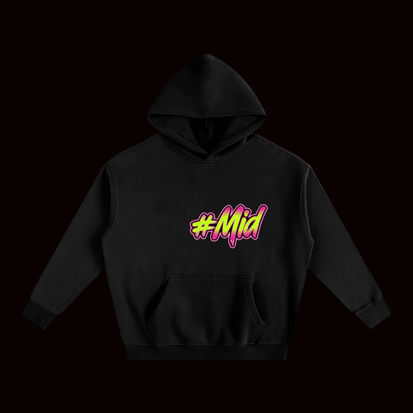 Black hoodie with '#Mid' text in pink and yellow on a white background