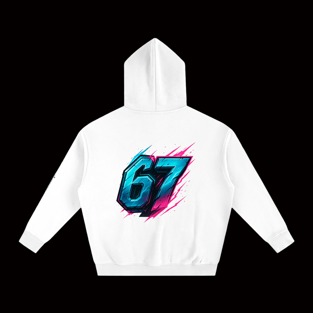 White hoodie with a colorful '67' design on a white background
